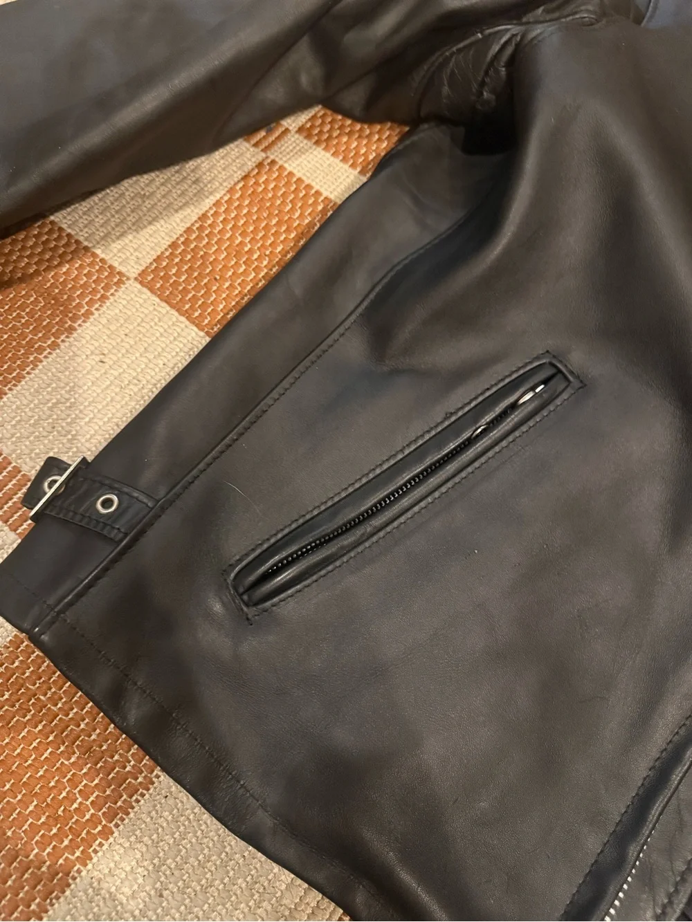 Men's Black Leather Bomber Jacket with Zip Pockets